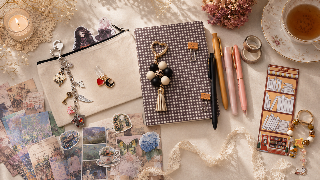 image displaying products offered in MIL including stationery, keychains, notebooks, bookmarks, writing tools, art prints and more