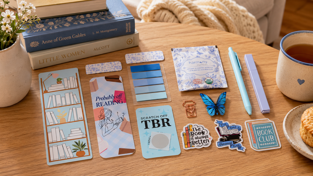 A table featuring the MIL bookish book club bundle and a cozy backdrop
