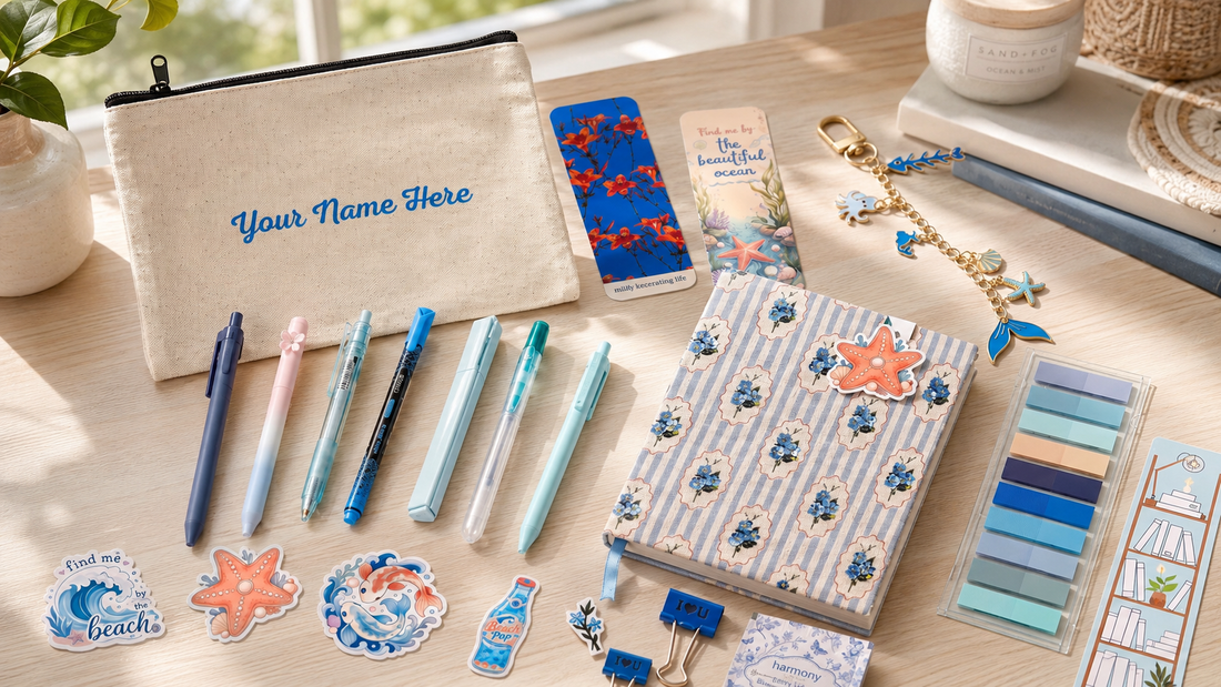 An image showing a coordinated stationery set of items featured in a bundle of ocean color themed products and a notebook