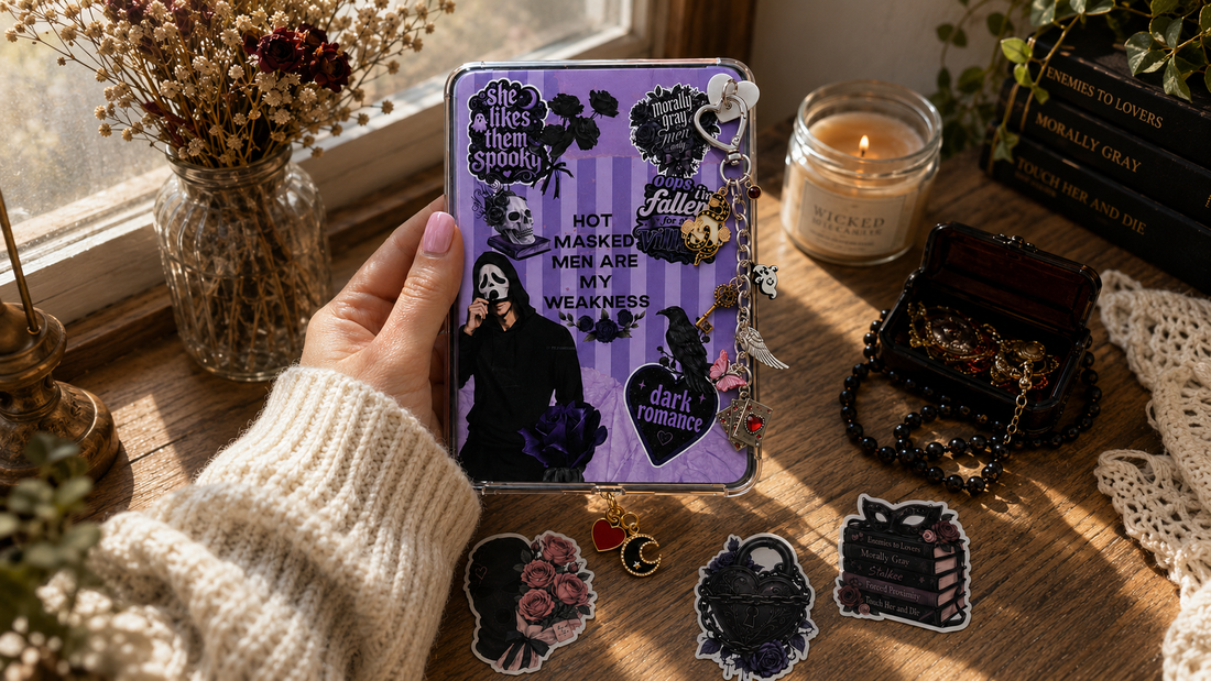 an image displaying a person holding a kindle with a dark romance themed kindle case and an adhesive heart with a themed keychain on the case as well. There is also a usb-c dust plug charm and three large stickers on the table