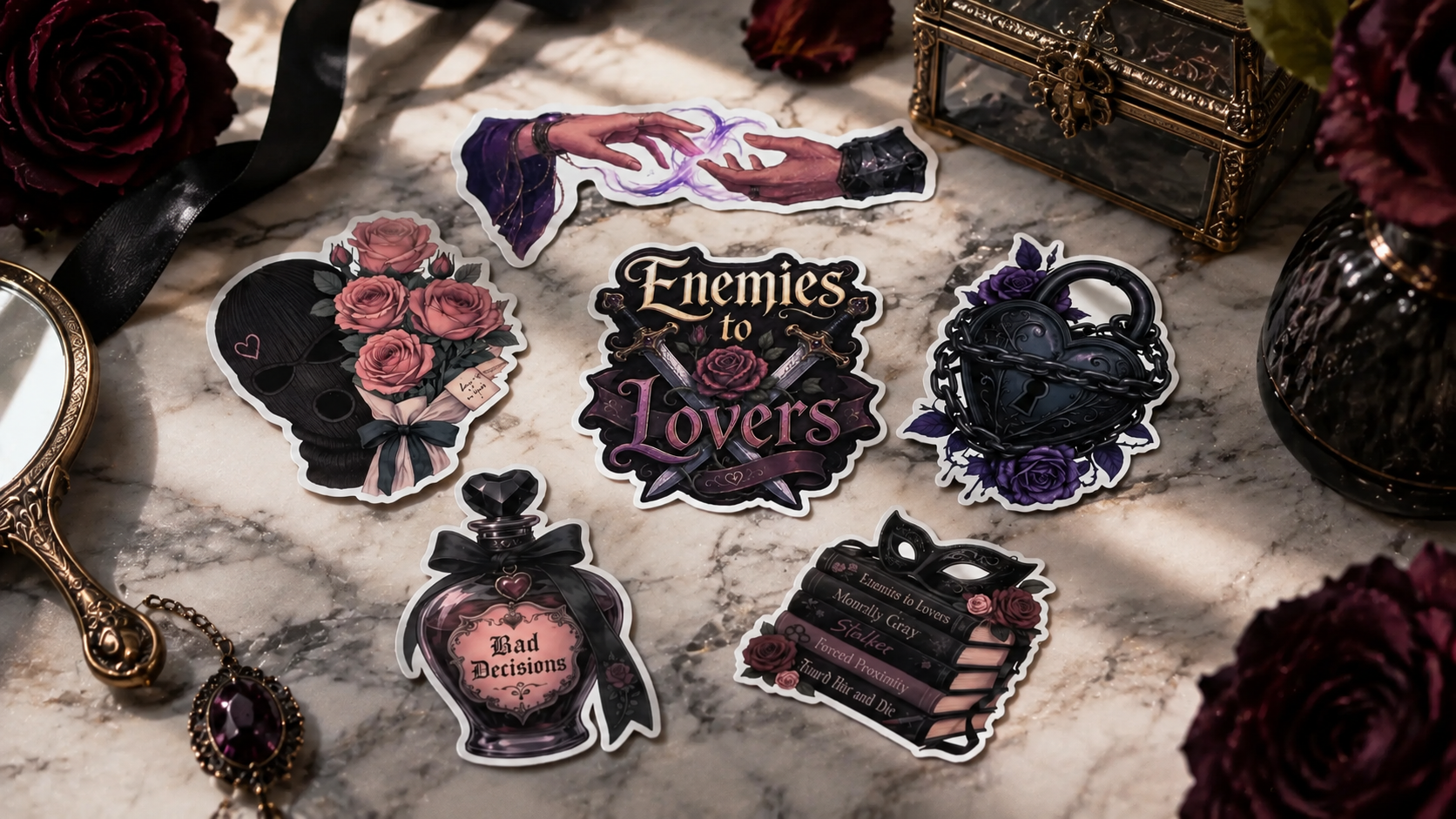 a marbled countertop featuring several die-cut stickers with romantasy, dark fantasy, fantasy, romance, book trope vibes. Bookish designs.