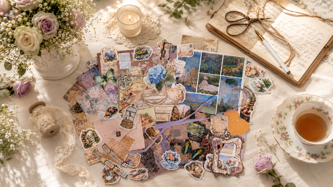 Claude Monet inspired junk journal ephemera set including stickers, art prints, ribbon and more pieces