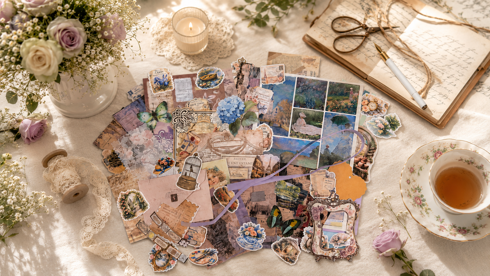 Claude Monet inspired junk journal ephemera set including stickers, art prints, ribbon and more pieces