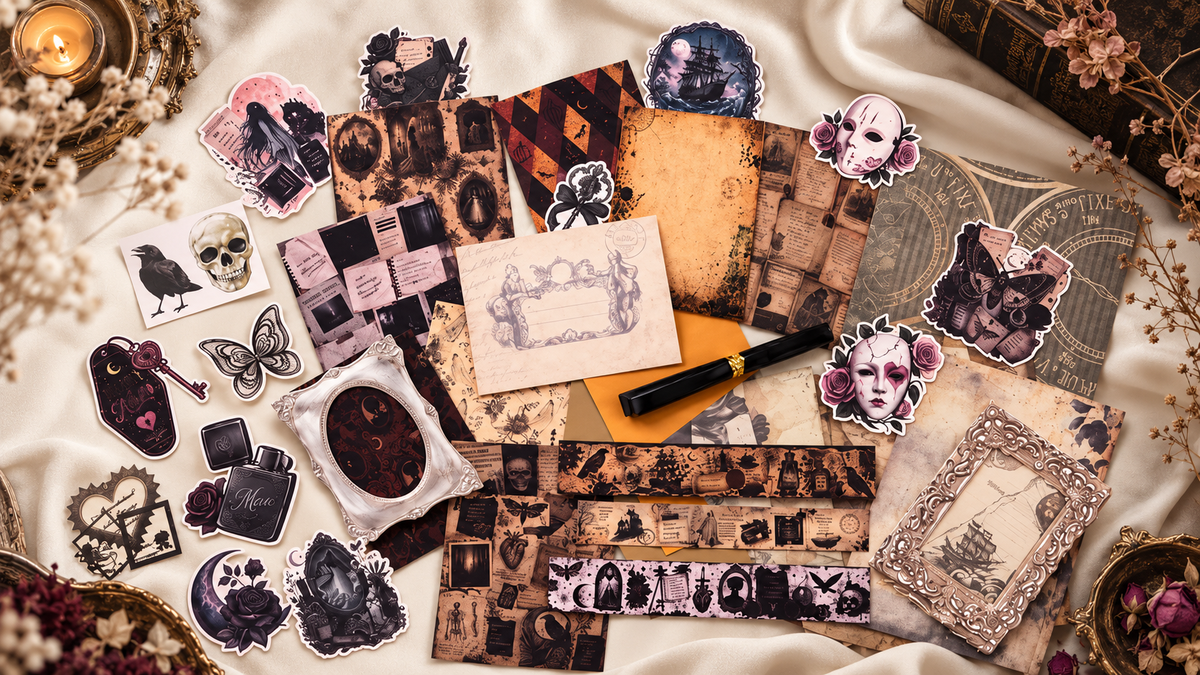 junk journal ephemera materials displayed on a cloth background