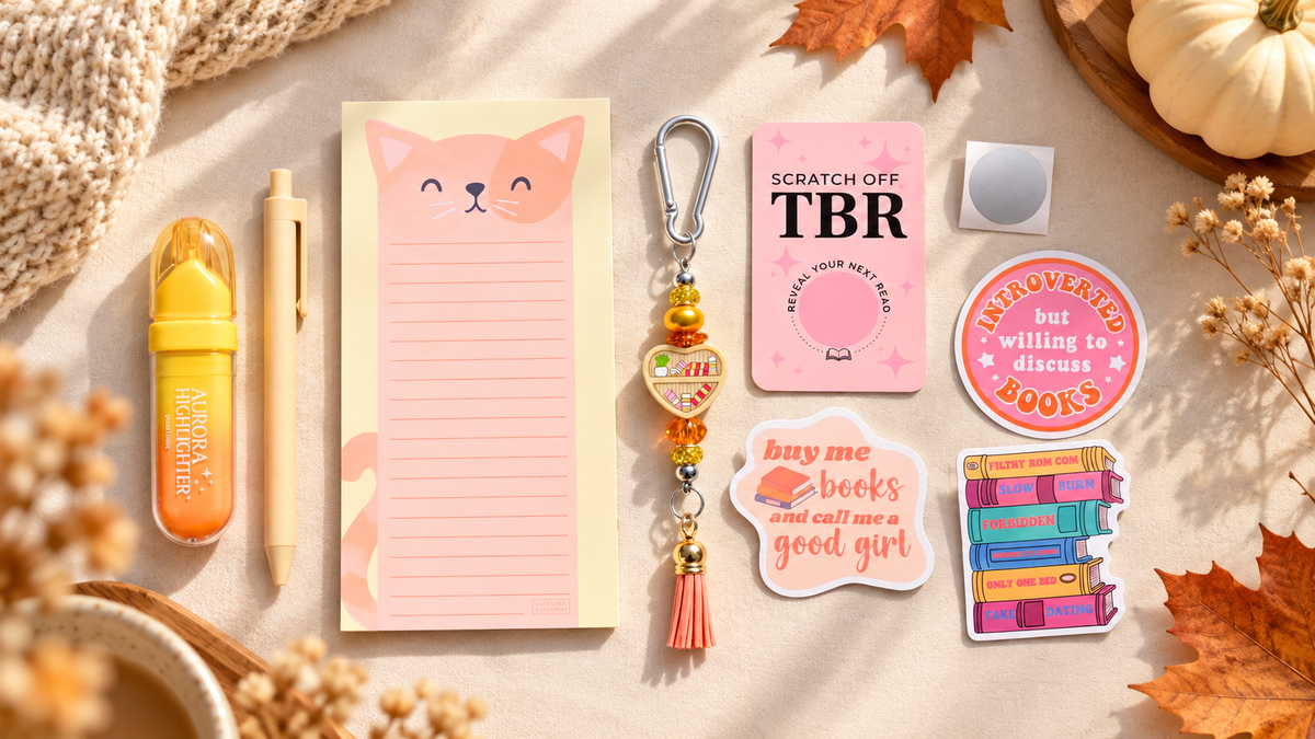 a stationery set featuring a cat-themed magnetic notepad, several stickers, and other stationery items for a book club set on a flat table with fall themed props around it