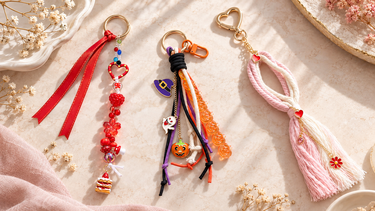 a table featuring three flat laying keychains of a varied design set and sizes