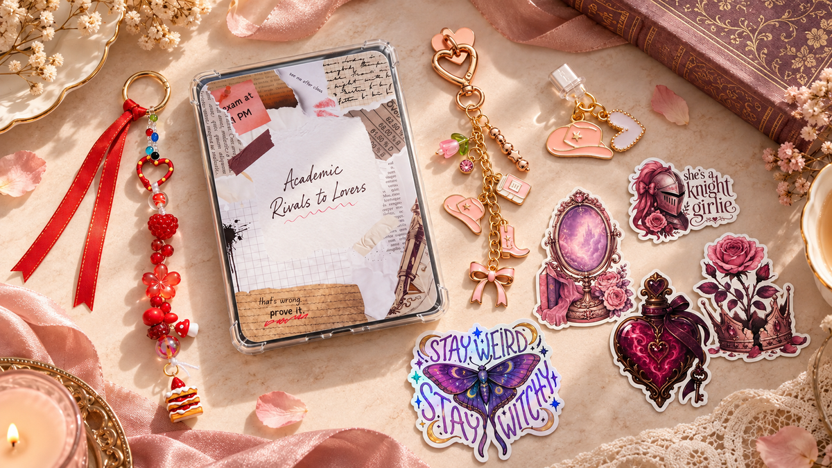 a kindle with a handmade kindle insert, several bookish themed stickers around it, two keychains, and a dust plug charm showcasing the products on a table with some light props around it in the image