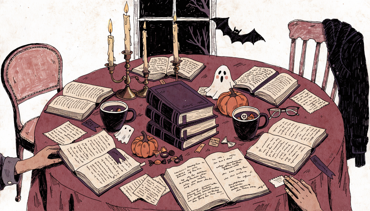a table that features halloween themed decorations and several books around the table implying a book club set up