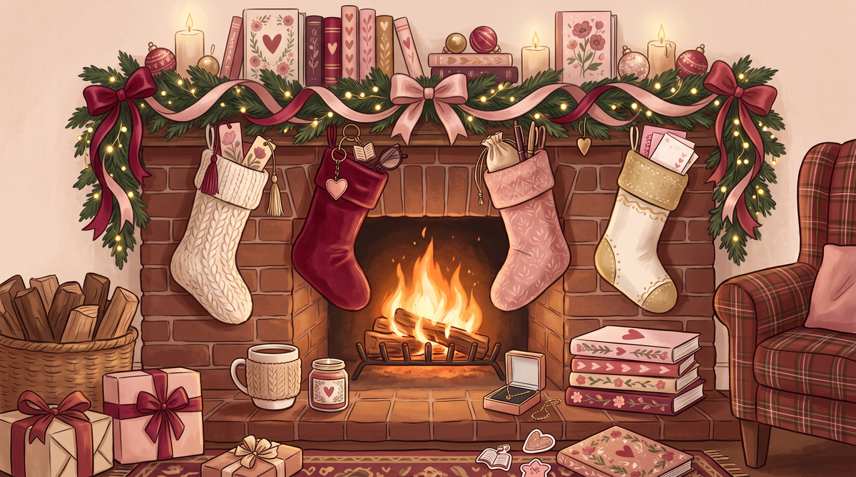 a fireplace with stockings that include several bookish stuffers