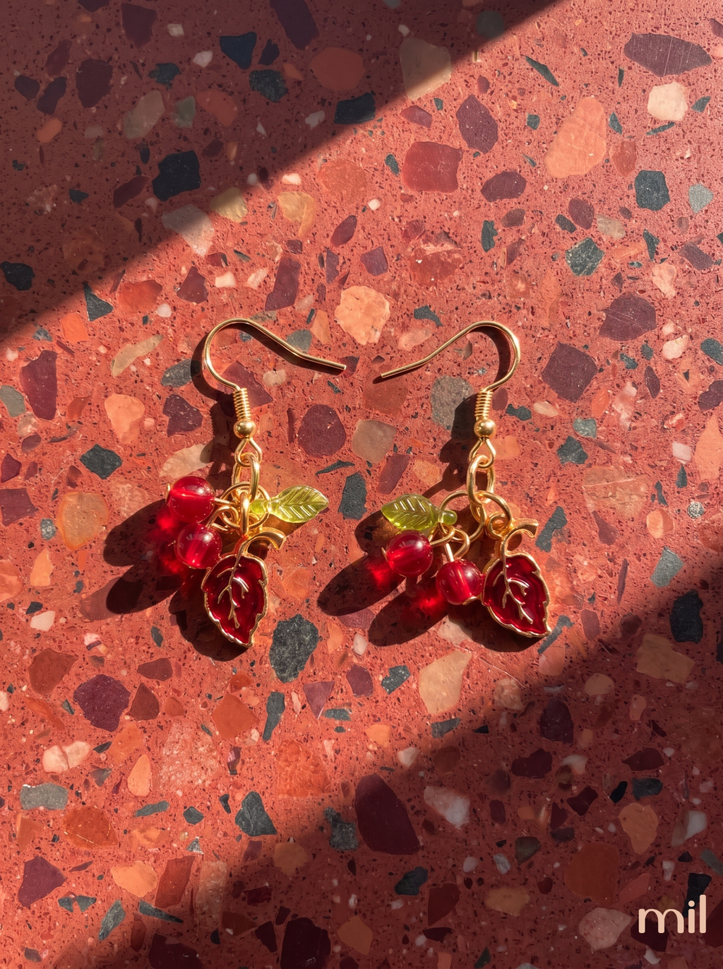Red Cherry Leaf Handmade Boutique Dangle Earrings