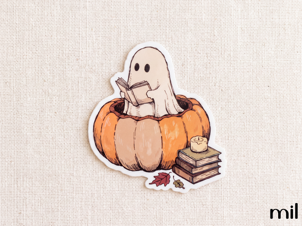 Reading Ghost Pumpkin Halloween Sticker - Cute Bookish Stickers