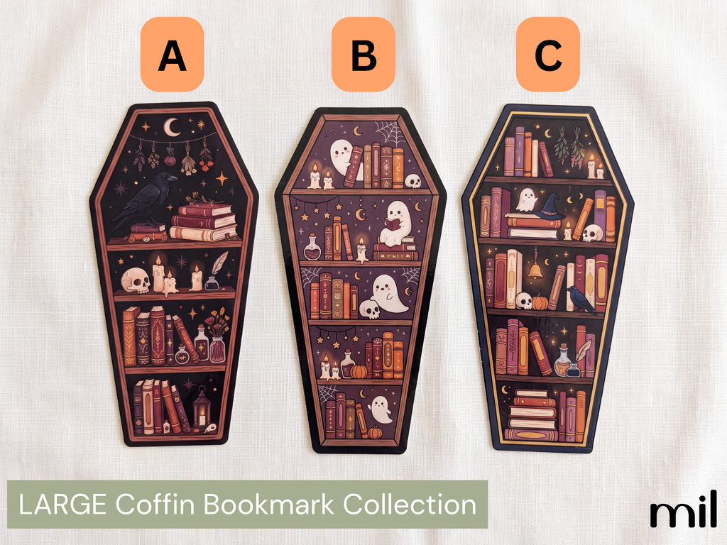 Marque-pages style étagère cercueil gothique - Motifs variés Dark Academia littéraires