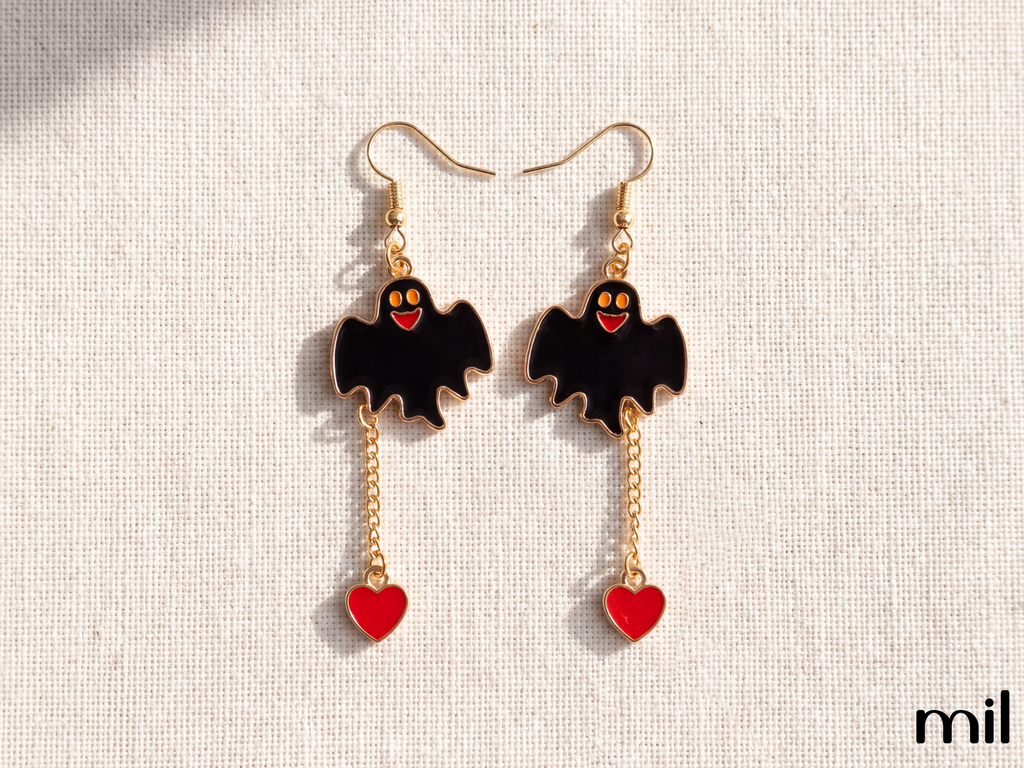 Ensemble de boucles d’oreilles fantômes d’Halloween faites main avec breloques cœur - Boucles d’oreilles pendantes