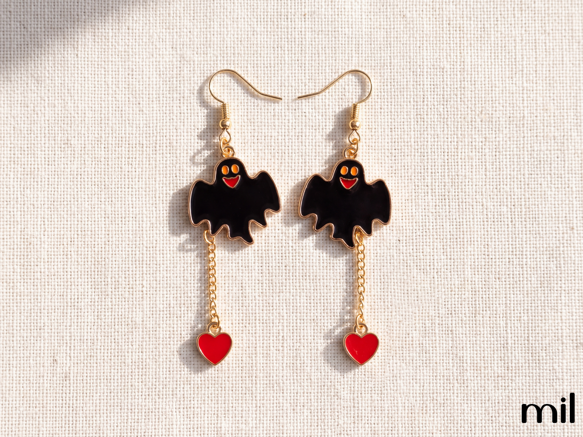 Ensemble de boucles d’oreilles fantômes d’Halloween faites main avec breloques cœur - Boucles d’oreilles pendantes