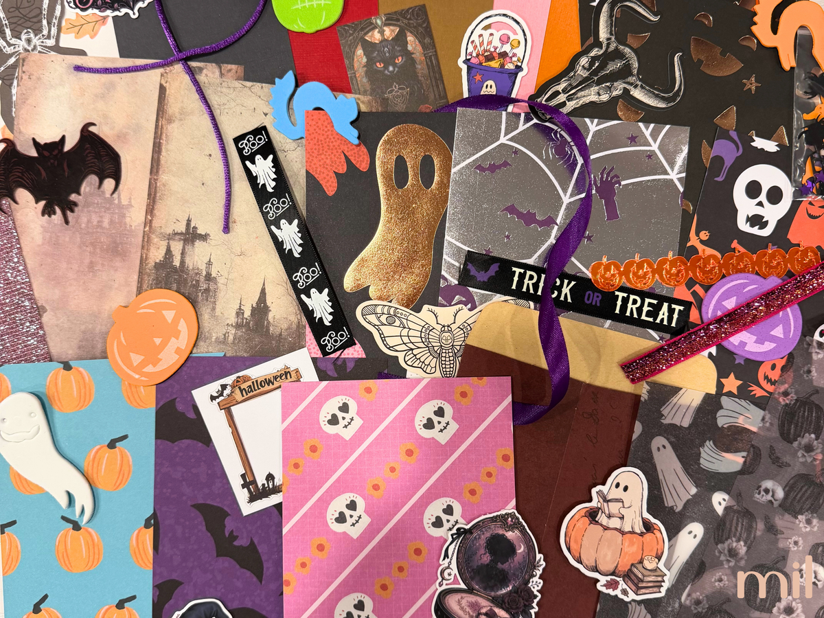 Colorful Halloween Themed Junk Journal Ephemera Kit