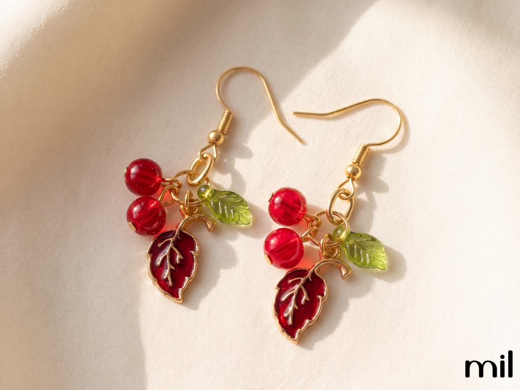 Red Cherry Leaf Handmade Boutique Dangle Earrings