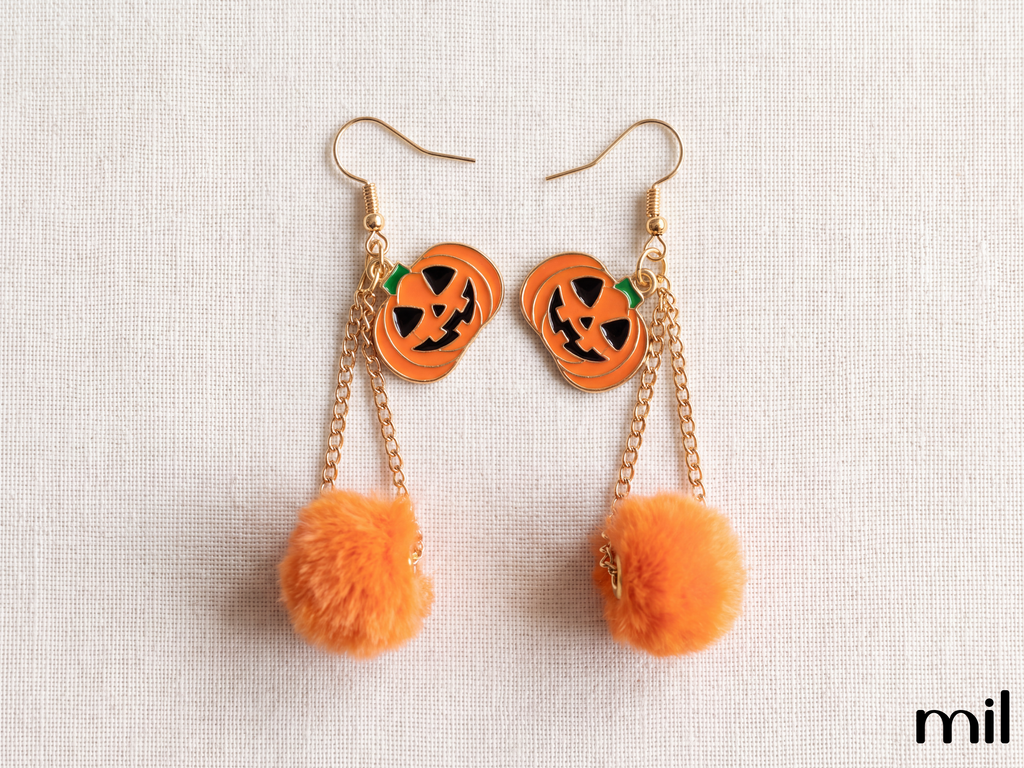 Orange Pumpkin Pom-Pom Halloween Earrings