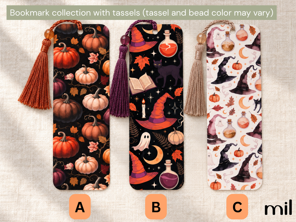 Fall Halloween Pattern Bookish Bookmarks - Laminated with Tassel Designs