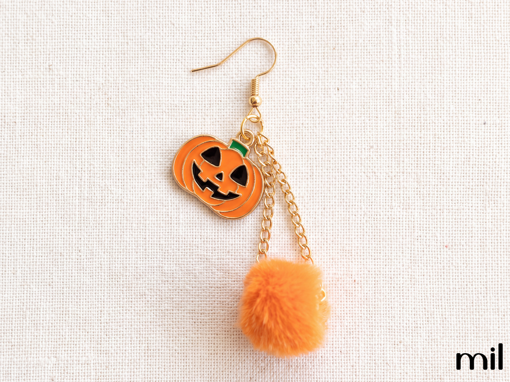 Orange Pumpkin Pom-Pom Halloween Earrings