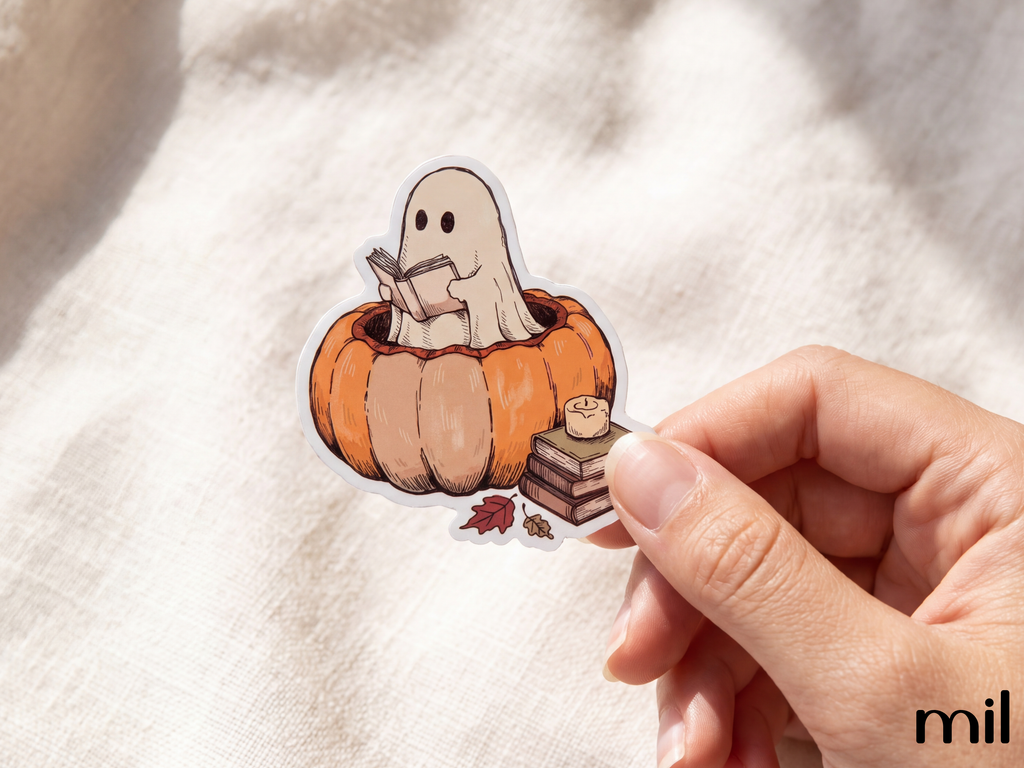 Reading Ghost Pumpkin Halloween Sticker - Cute Bookish Stickers
