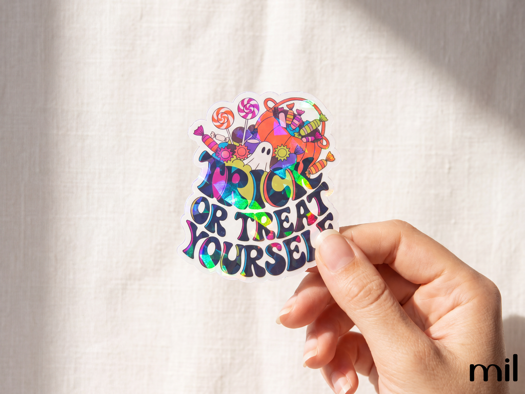 Trick or Treat Yourself Holographic Sticker - Fun Halloween Design