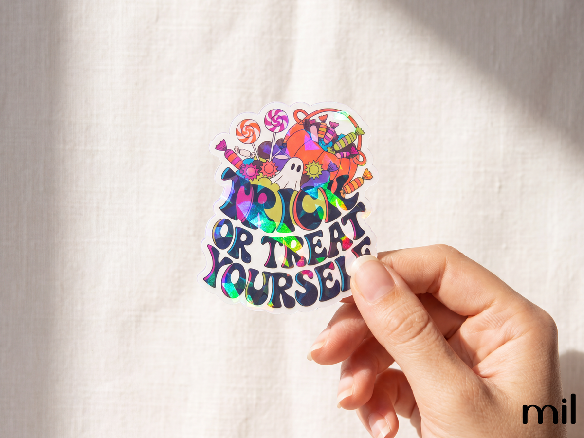 Trick or Treat Yourself Holographic Sticker - Fun Halloween Design