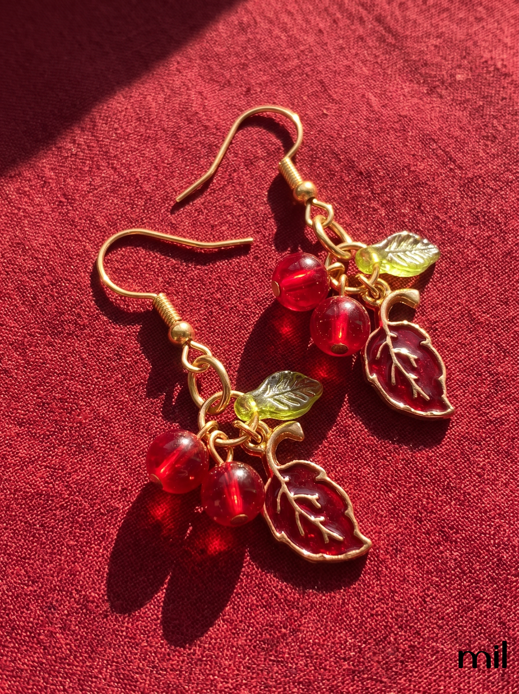 Red Cherry Leaf Handmade Boutique Dangle Earrings