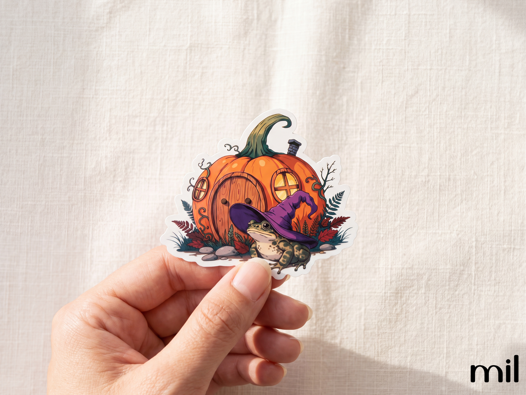 Witchy Frog Pumpkin House Sticker - Cottagecore Whimsical Design
