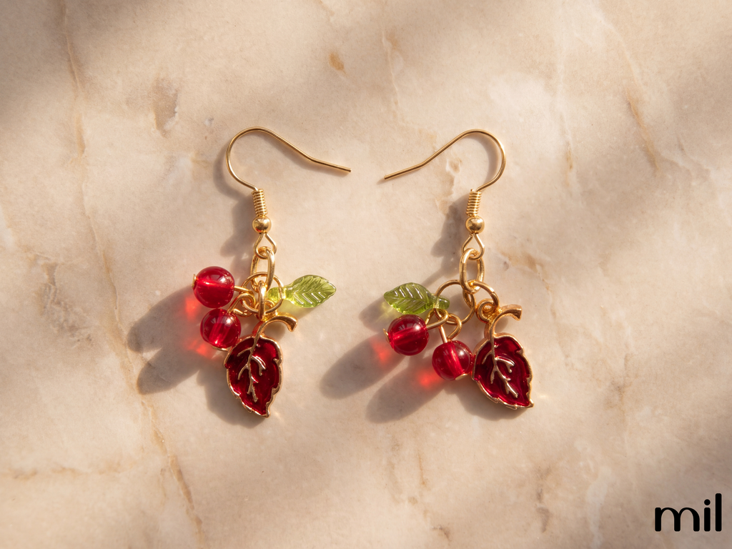 Red Cherry Leaf Handmade Boutique Dangle Earrings