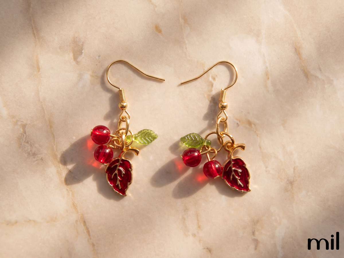 Red Cherry Leaf Handmade Boutique Dangle Earrings