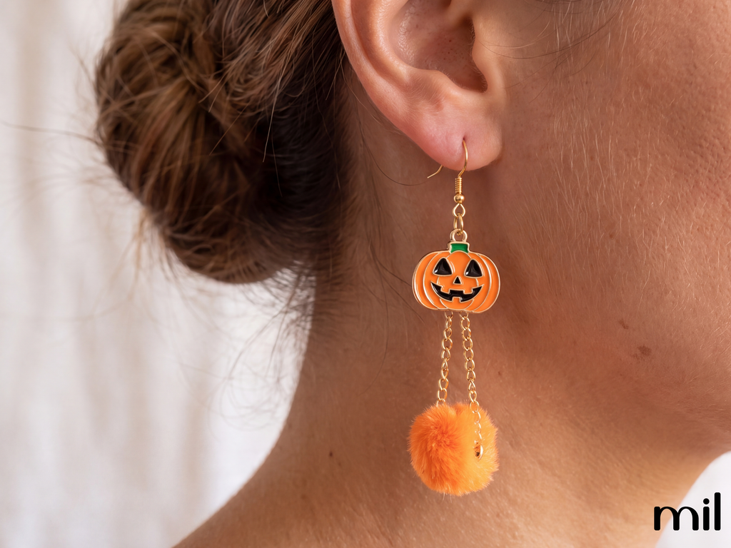 Orange Pumpkin Pom-Pom Halloween Earrings