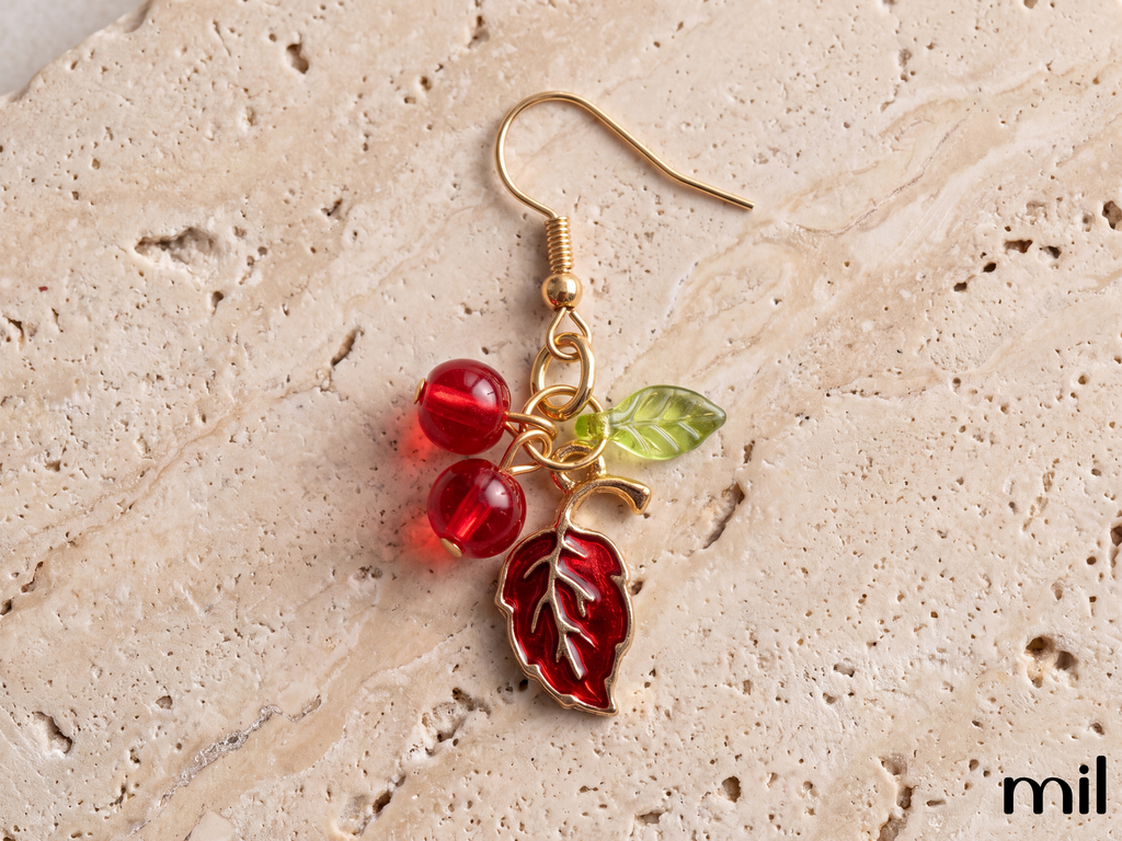 Red Cherry Leaf Handmade Boutique Dangle Earrings