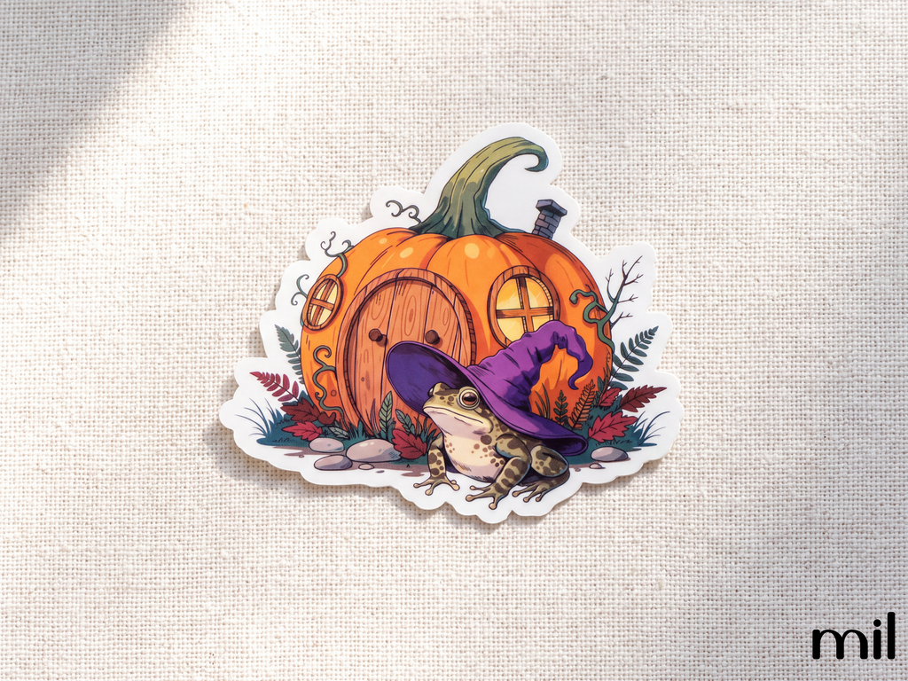 Witchy Frog Pumpkin House Sticker - Cottagecore Whimsical Design