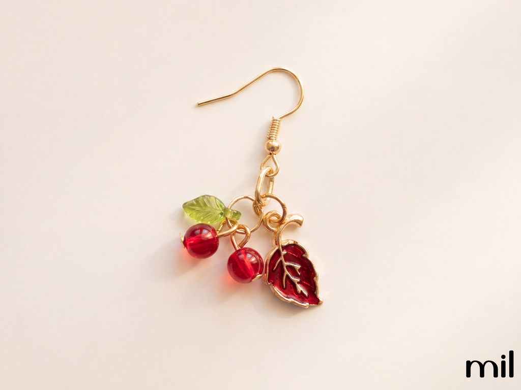 Red Cherry Leaf Handmade Boutique Dangle Earrings