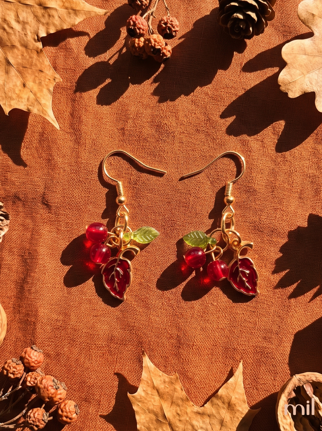 Red Cherry Leaf Handmade Boutique Dangle Earrings