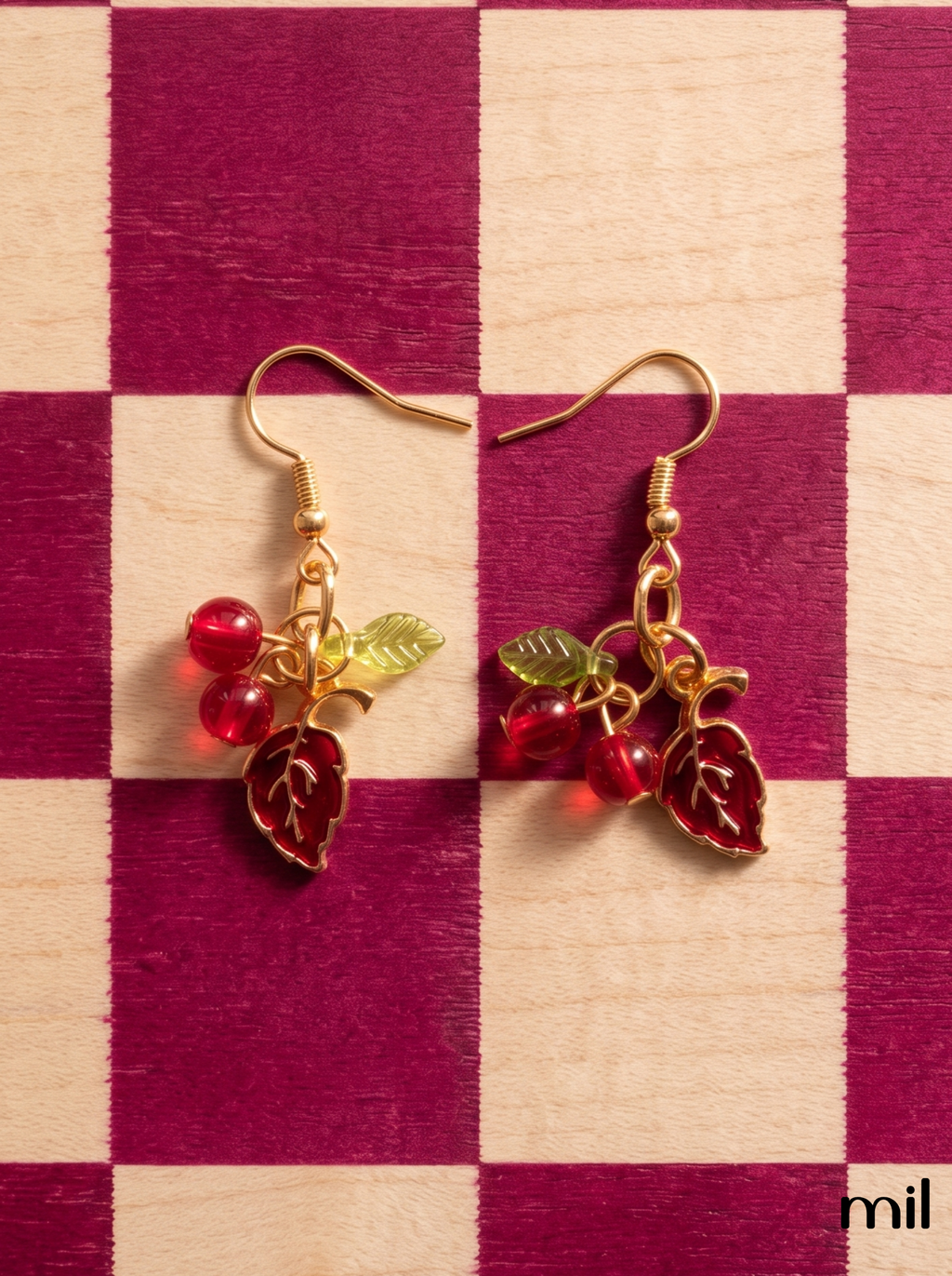 Red Cherry Leaf Handmade Boutique Dangle Earrings