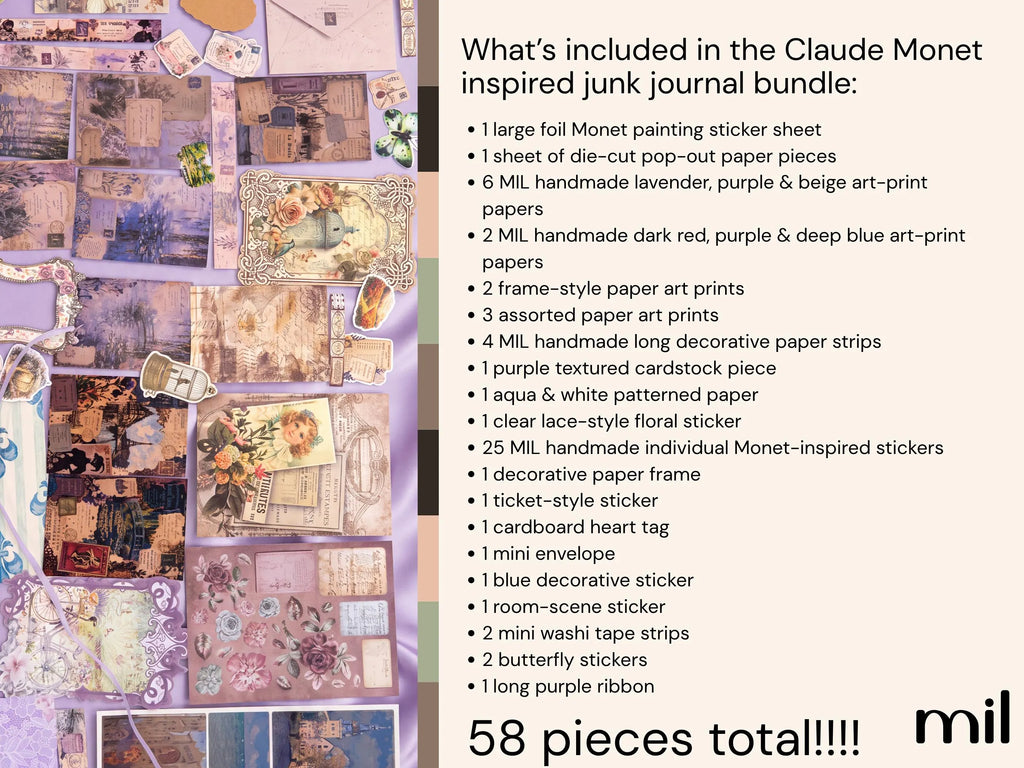 A product listing graphic for a 'Claude Monet inspired junk journal bundle' showing a collage of various decorative paper strips, stickers, and art prints on the left, and a bulleted list of included items on the right. The brand logo 'mil' is visible in the bottom right corner.