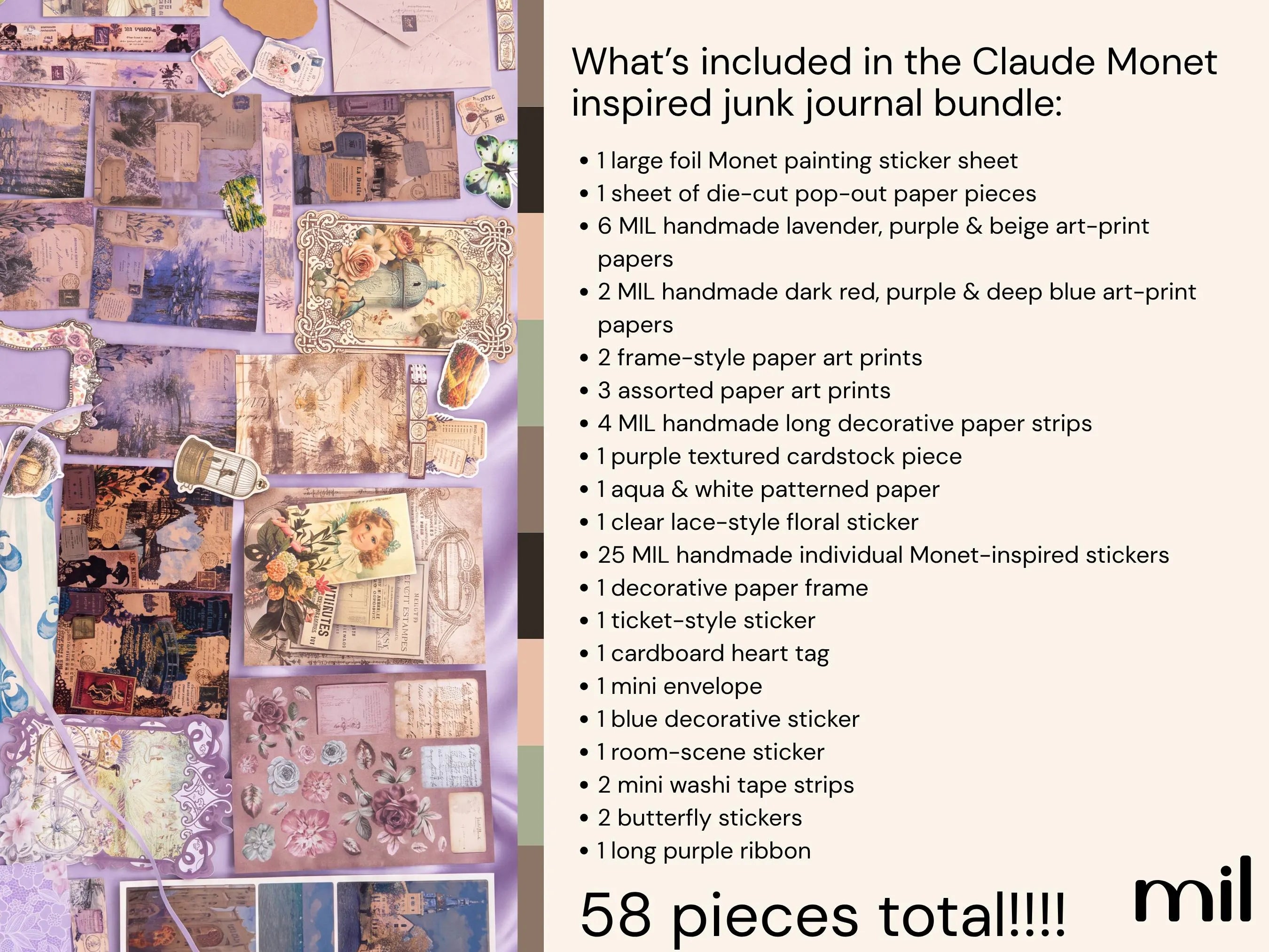 A product listing graphic for a 'Claude Monet inspired junk journal bundle' showing a collage of various decorative paper strips, stickers, and art prints on the left, and a bulleted list of included items on the right. The brand logo 'mil' is visible in the bottom right corner.