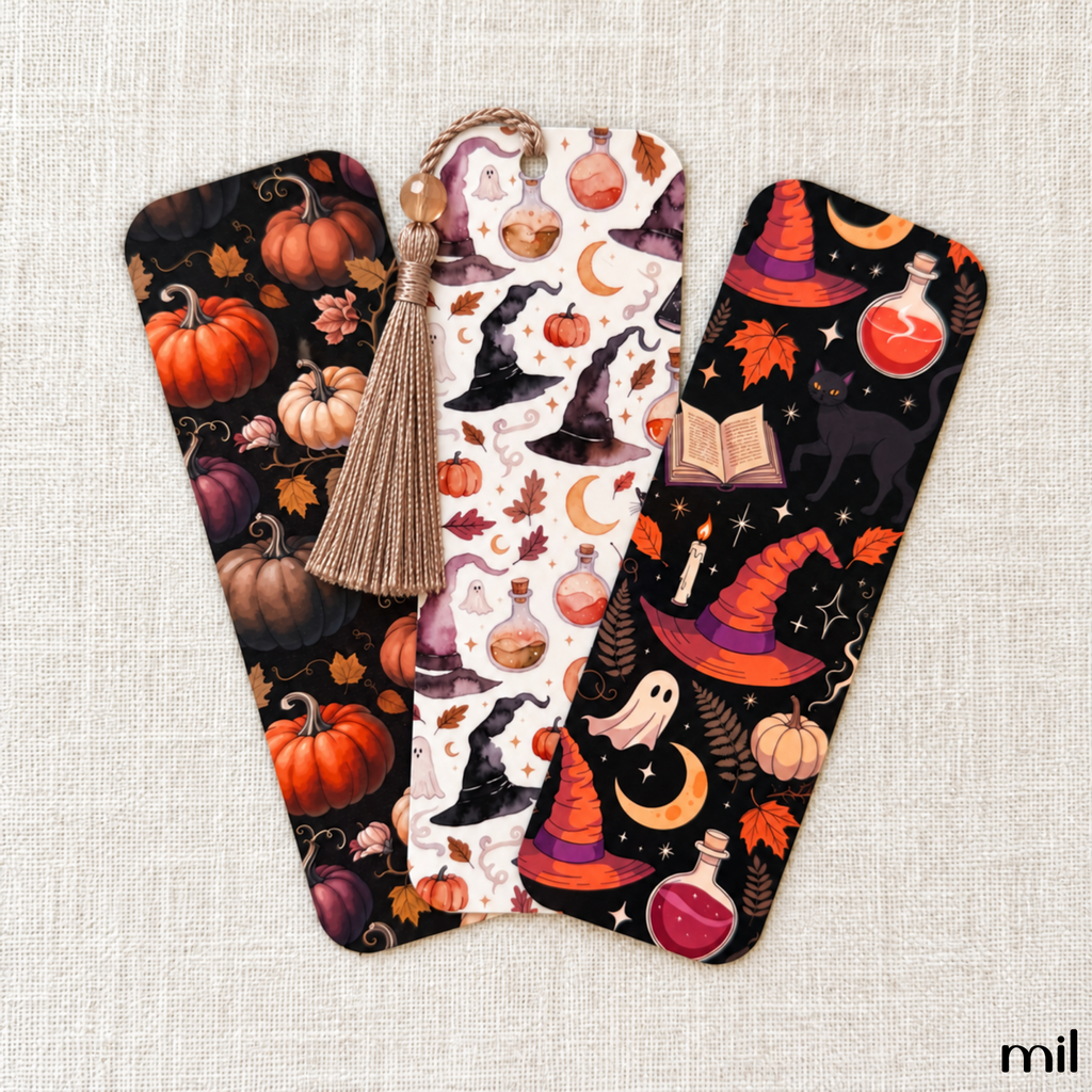 Fall Halloween Pattern Bookish Bookmarks - Laminated with Tassel Designs