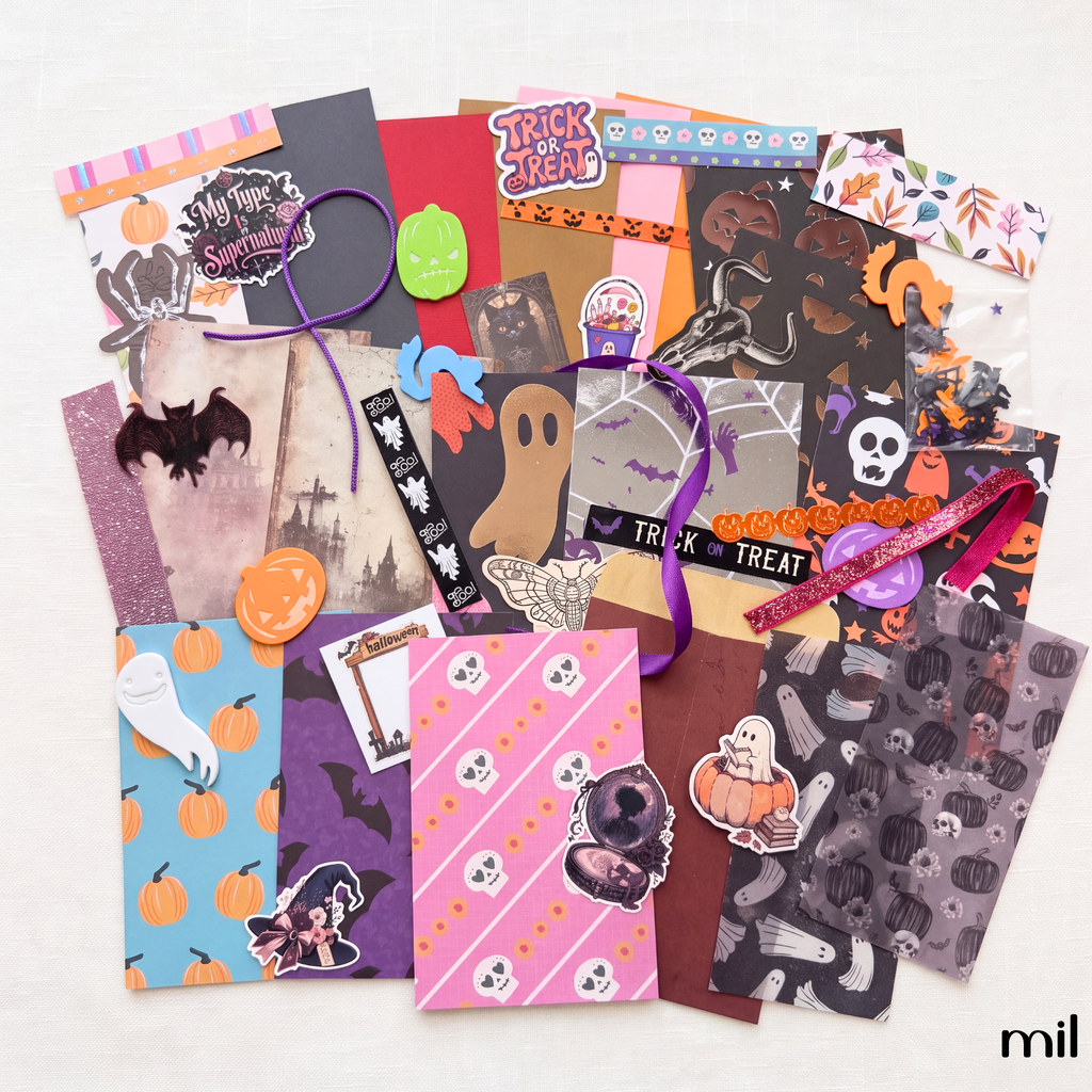 Colorful Halloween Themed Junk Journal Ephemera Kit