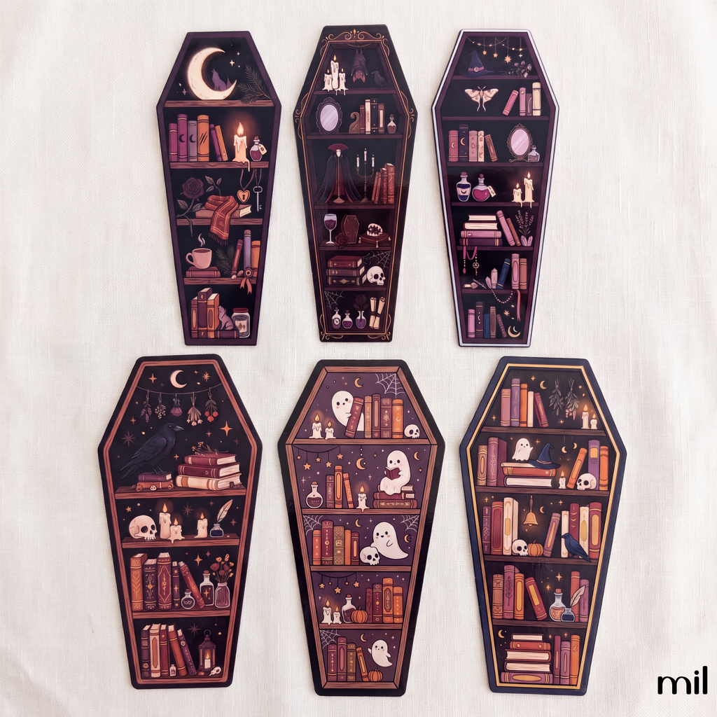 Marque-pages style étagère cercueil gothique - Motifs variés Dark Academia littéraires