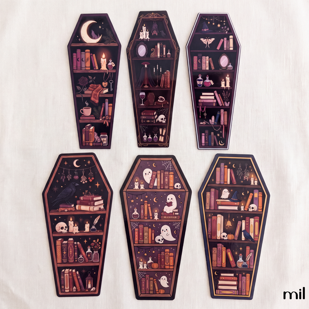 Marque-pages style étagère cercueil gothique - Motifs variés Dark Academia littéraires