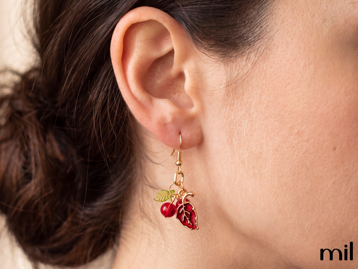 Red Cherry Leaf Handmade Boutique Dangle Earrings