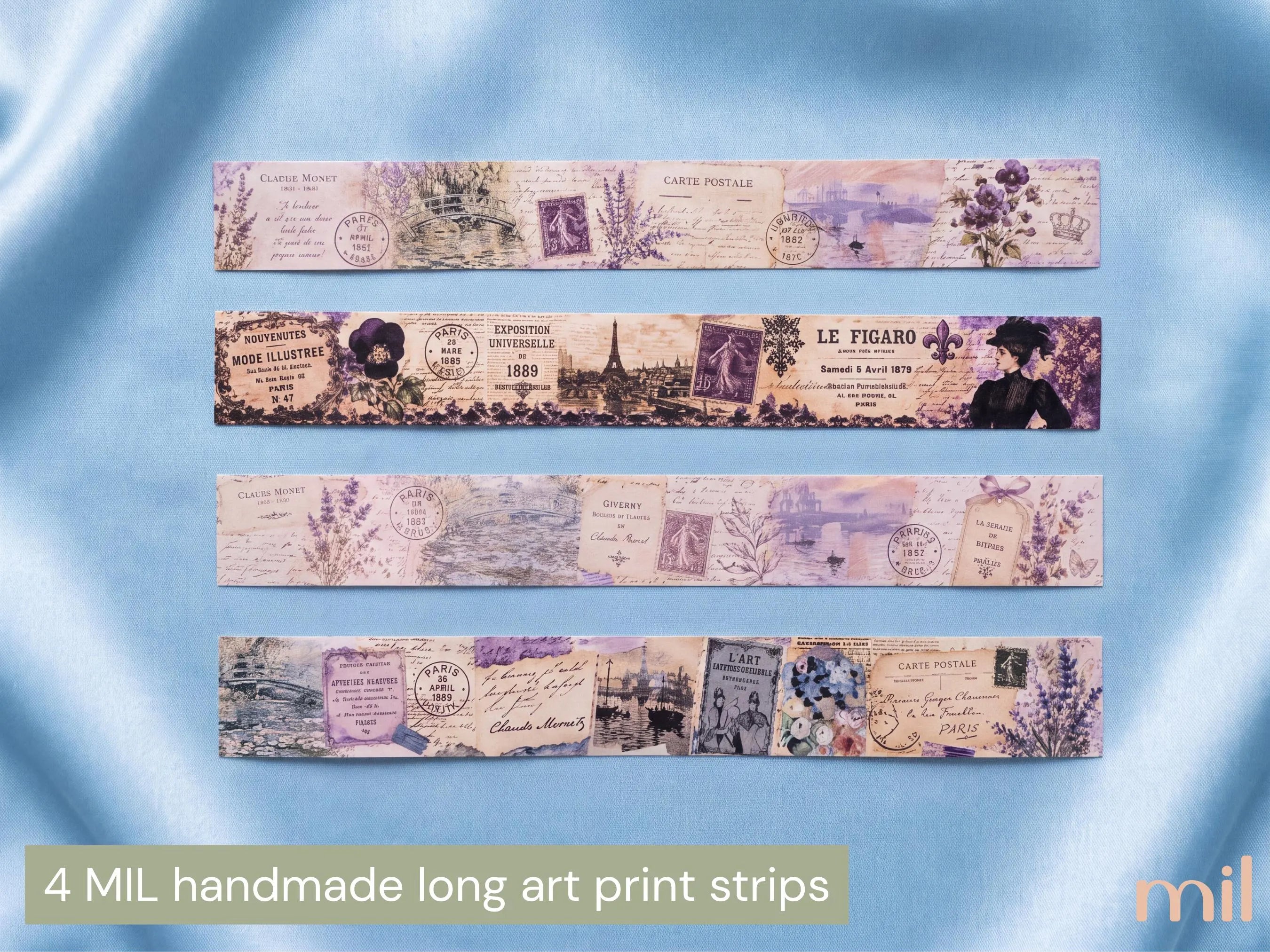 Four long decorative art print strips with vintage French postcard and lavender illustrations, displayed on a light blue satin fabric background.