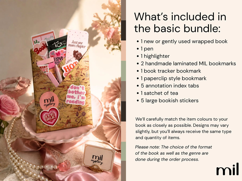 blind date with a book basic bundle including 1 wrapped book, 1 pen, 1 highlighter, 2 handmade bookmarks, 1 book tracker bookmark, 1 paperclip bookmark, 5 annotation index tabs, 1 tea sachet, and 5 large bookish stickers