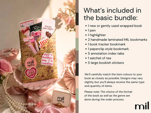 blind date with a book basic bundle including 1 wrapped book, 1 pen, 1 highlighter, 2 handmade bookmarks, 1 book tracker bookmark, 1 paperclip bookmark, 5 annotation index tabs, 1 tea sachet, and 5 large bookish stickers