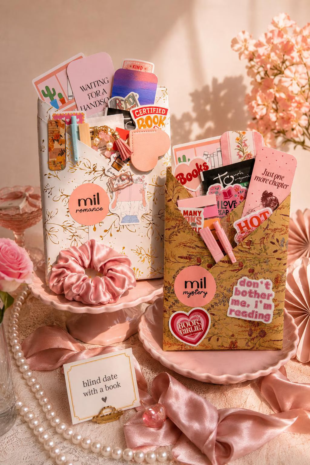 Two decorative reading-themed blind date with a book gift boxes filled with books, cards, stickers, and pink accessories, styled on pink plates with satin ribbons, pearls, flowers, and a card reading 'blind date with a book' in a warm pink-toned setting.