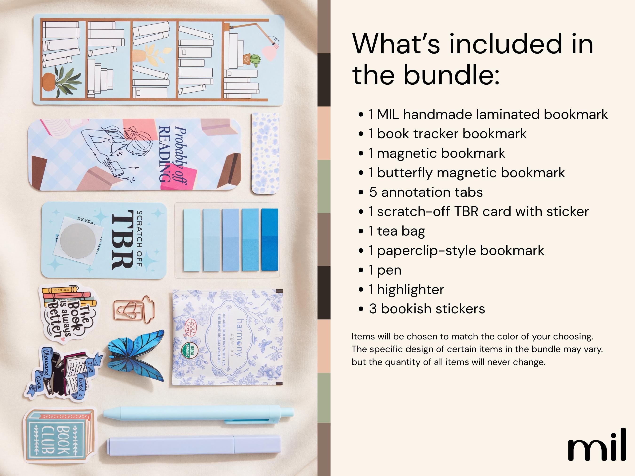 A bundle of mil brand stationery items displayed on a light beige background next to a text panel detailing the included items, such as a handmade laminated bookmark, book tracker bookmark, magnetic bookmark, annotation tabs, scratch-off card, tea bag, paperclip-style bookmark, pen, highlighter, and stickers.
