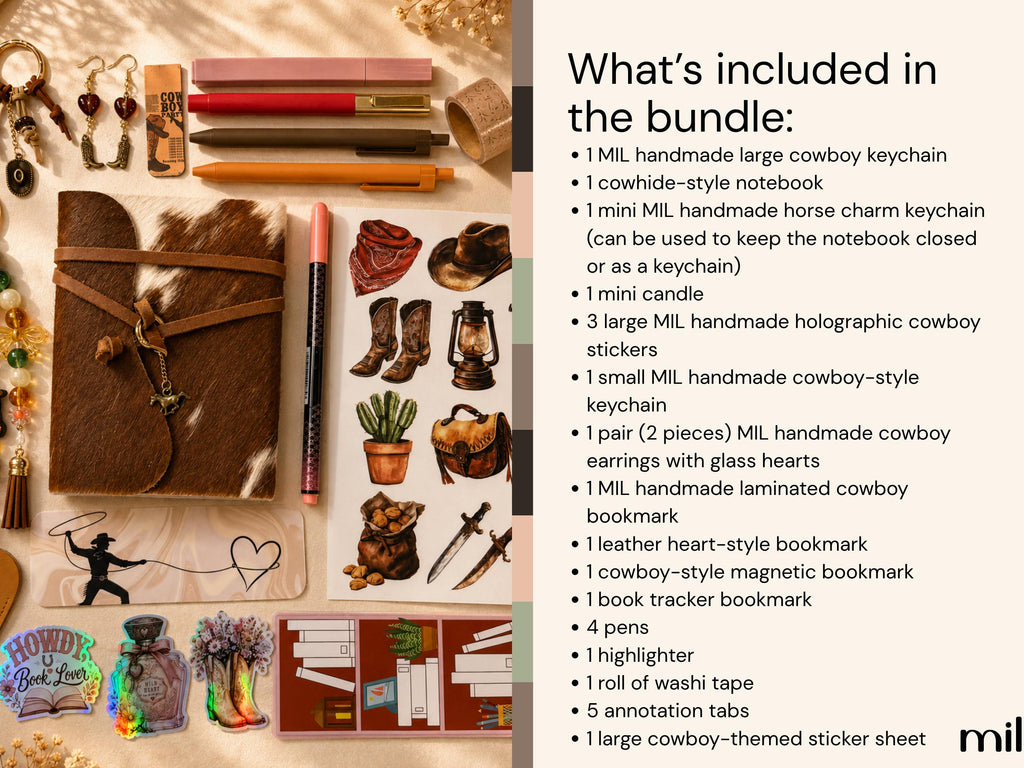 A product bundle flat lay on a beige background showing various cowboy-themed items alongside a text panel listing what is included in the bundle.