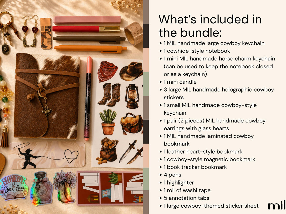 A product bundle flat lay on a beige background showing various cowboy-themed items alongside a text panel listing what is included in the bundle.